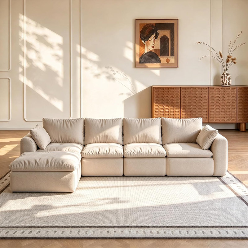 Canapé modulaire en chenille 96,5 po vert crème avec repose-pieds mobile, 122 po 4 sièges + 1 repose-pieds, Kaki