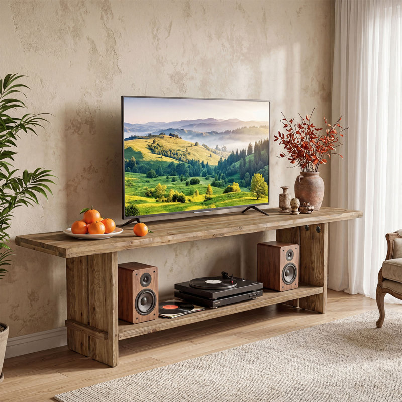 Meuble télé en bois massif pour téléviseur de 75 po ou moins, centre de divertissement de ferme avec tablette de rangement