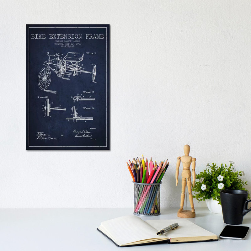 G.W. Akers Bike Extension Frame Patent Sketch (Navy Blue) by Aged Pixel - Wrapped Canvas Gallery-Wrapped Canvas Giclée