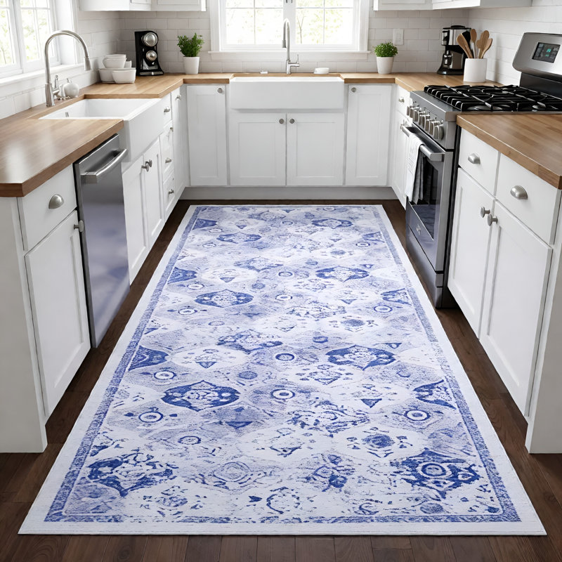 MAVAL Blue Washable Adrienna Doormat Adrienna, Runner 2'6" x 10'