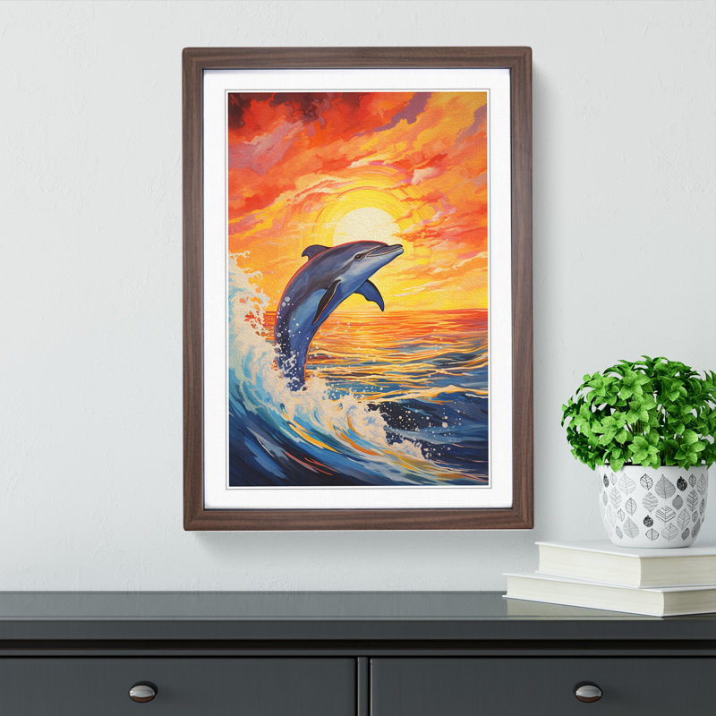 Dolphin Expressionism - Single Picture Frame Print on Wood, Walnut Framed, 34cm H x 25cm W