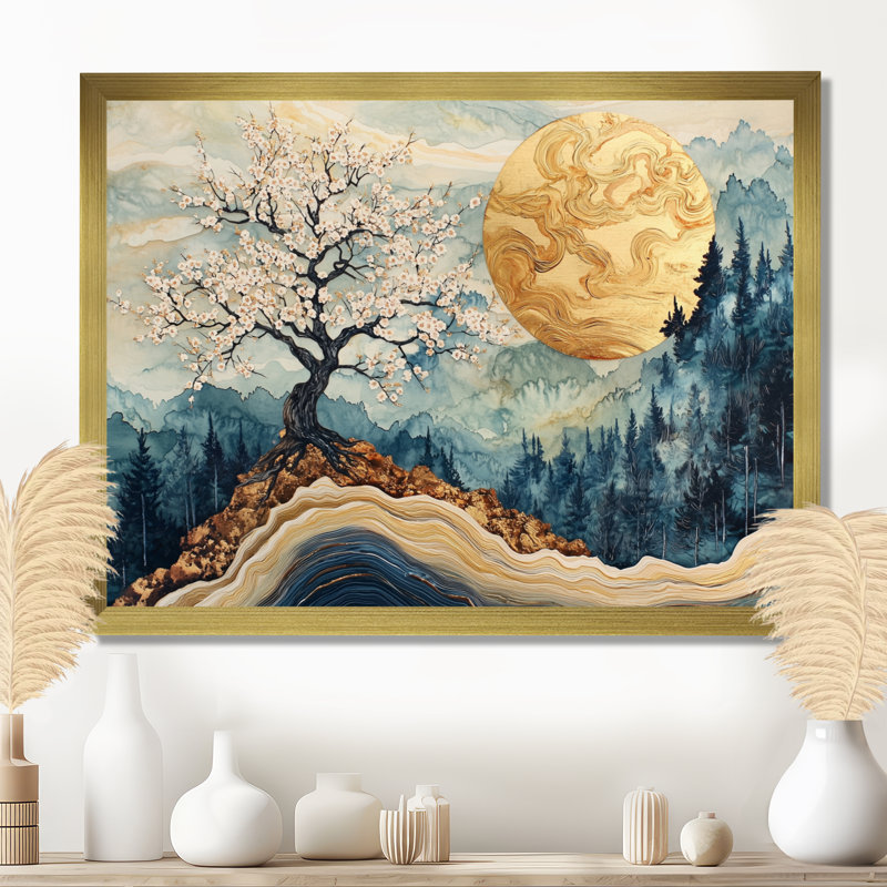 Cherry Blossom Tree Dreams Of Hanami III - Art mural fleur de cerisier, H 30 po x l 40 po, Cadre simple, Doré