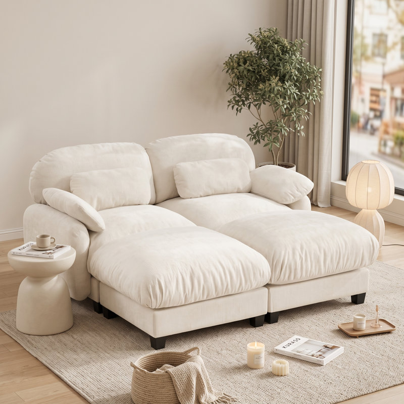 Canapé 2 places surdimensionné en chenille avec 2 poufs amovibles, canapé lounge flexible extra-profond inspiré des nuages, beige