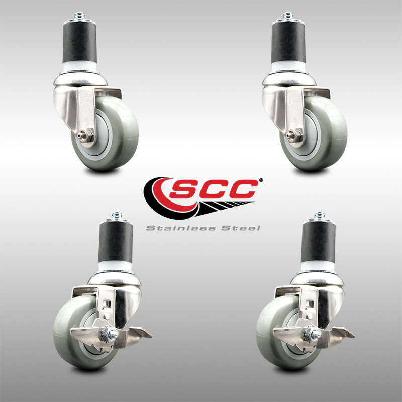 Poly Swivel Expanding Stem Caster Set with 2 Lock Brake, 3.5" H x 3.5" W, Gray