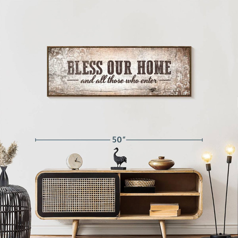 Plaque murale «Bless Our Home», 43 po x 15 po, Cadre flottant noyer