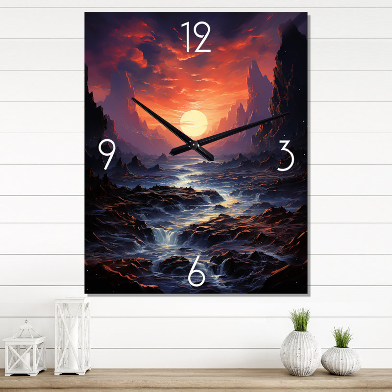 Horloge murale Magical Sunset Over Mountain River With Rocks, Très grand