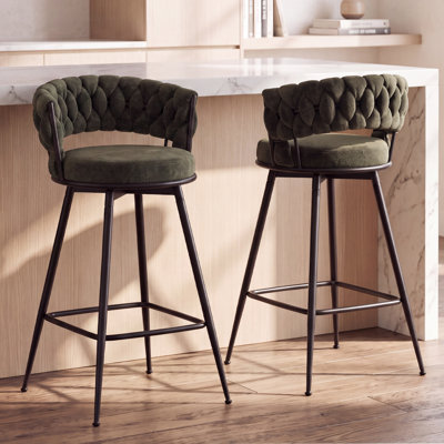 Modern Green Upholstered Bar Stool With Woven Look Backrest & Fixed Black Metal Frame Stable Counter Height Stool For Kitchen Breakfast Bar Or Cafe, Set Of 2