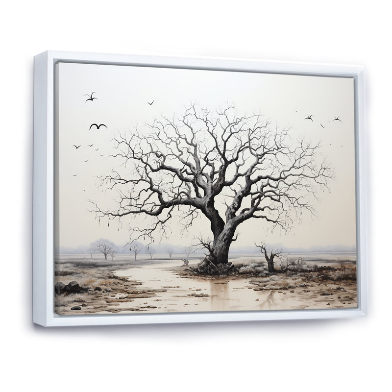 " Grey Minimalism Baobab Tree III ", 12" H x 20" W x 1" D, White Floater Frame