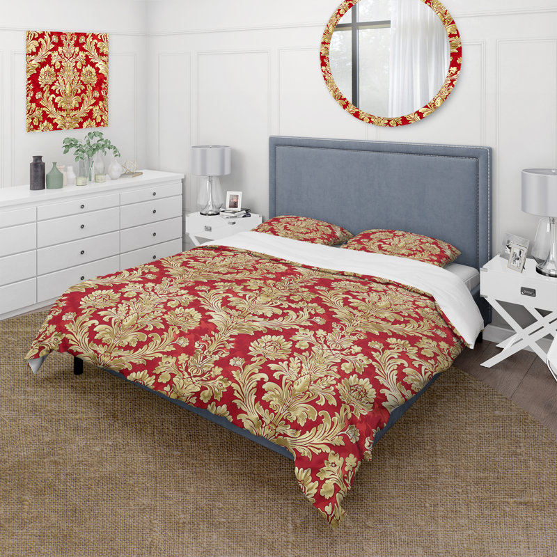 Red Gold Damask III - Ensemble de housse de couette damassé, Housse de couette très grand + 2 taies décorativ