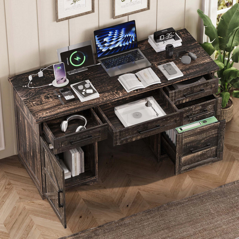 Bureau de direction 55 po avec station de charge et prise de courant, Gris