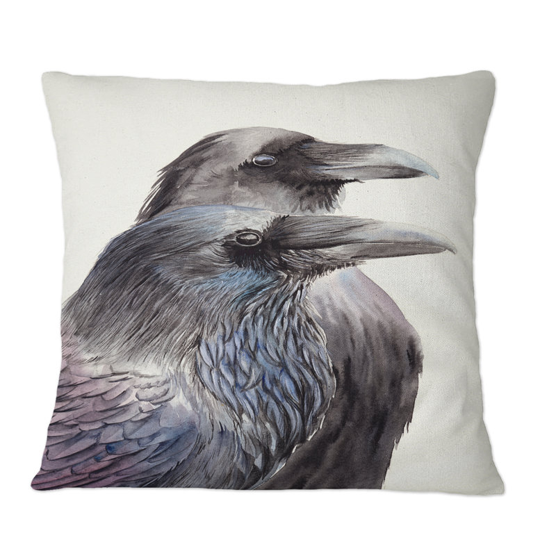 Deux corbeaux noirs avec des plumes noires et bleues - Coussin décoratif à imprimé traditionnel, 16 po x 16 po