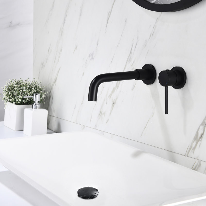 Robinet de salle de bain mural à poignée simple avec bonde escamotable pour éviers sans trop-plein, finition noire mate, rotation du bec à 360 degrés, aérateurs à débit d'eau doux, laiton fort et acier inoxydable