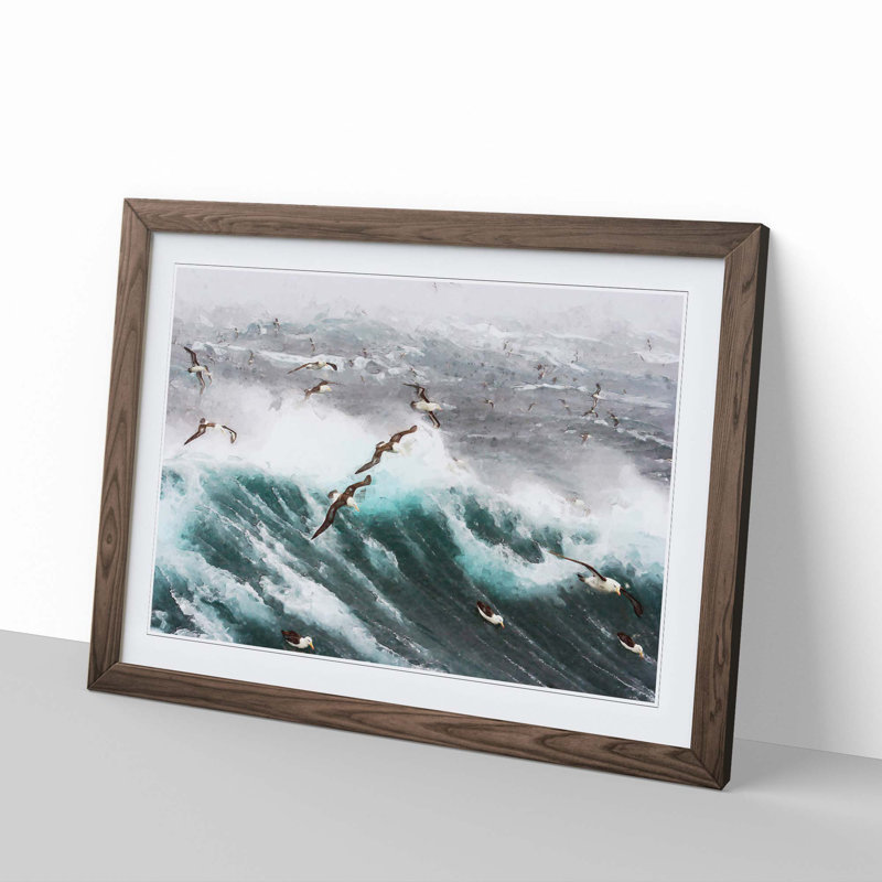 Seagulls Above the Ocean - Picture Frame Graphic Art Print, 35cm H x 50cm W x 2cm D, Walnut