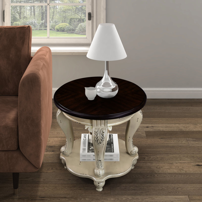 Table de salon en bois massif de 22 po avec tablette, beige et couleur, facile à assembler, placage à chaud, table d'appoint ronde arrondie et sécuritaire, tablette pour espace, protégée