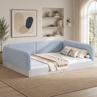 Cadre de lit au sol rembourré en polaire effet peluche pour enfants, lit plateforme Montessori semi-fermé avec barrières latérales