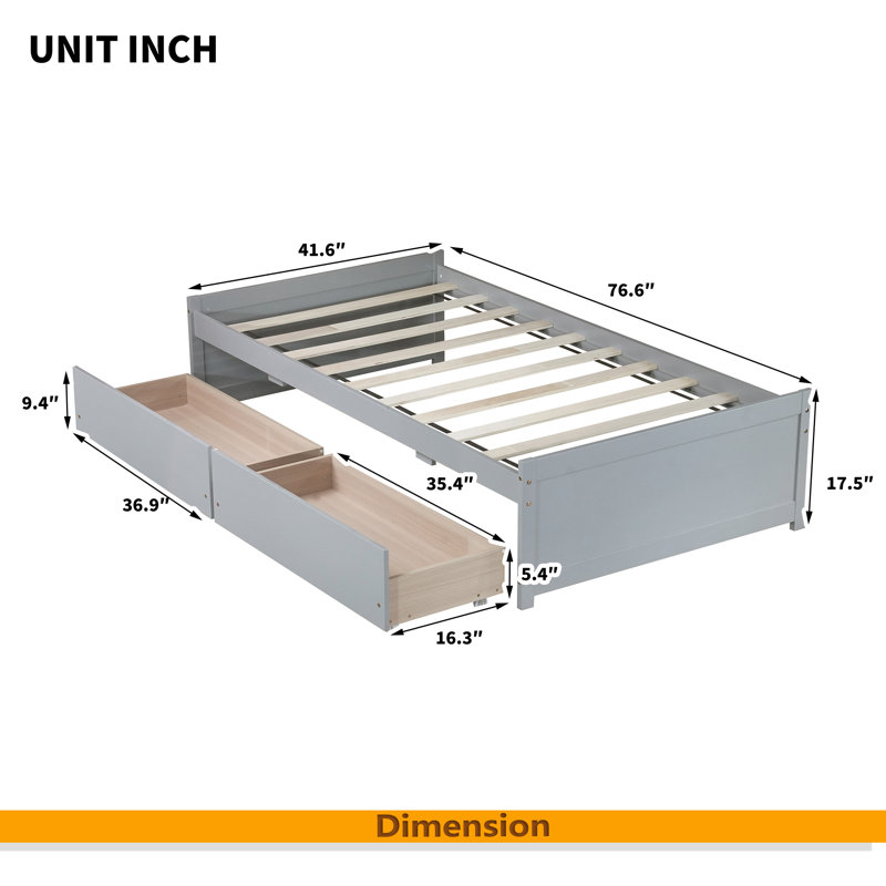 Lit simple avec 2 tiroirs, lit en bois d'hévéa massif, Gris