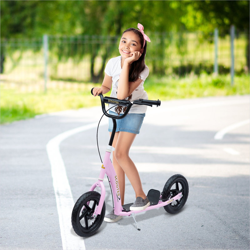 Trottinette à hauteur réglable pour enfants, structure en acier, roues de 12 pouces, finition rose, 5 à 12 ans