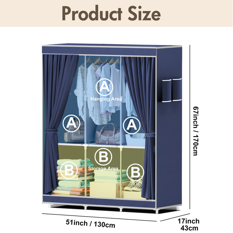 Wardrobe Closet Storage with 3 Hanging Rods, Portable Closet Organizers and Storage, Clothes Rack Shelf Garment Cabinet, Tool Free Assembly