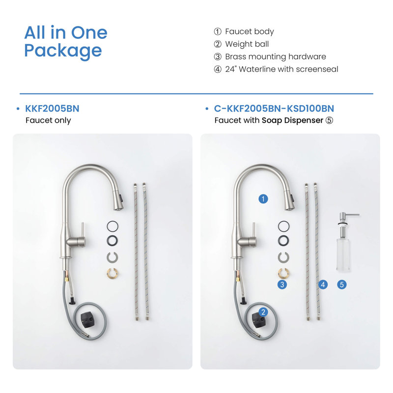 KIBI Napa Pull Down Kitchen Faucet, Brushed Nickel, With Soap Dispenser
