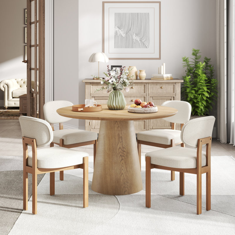 Mid Century Wooden Round Pedestal Dining Table Sets, Beige, Wood, 5 Pieces: Table, 4 Chairs