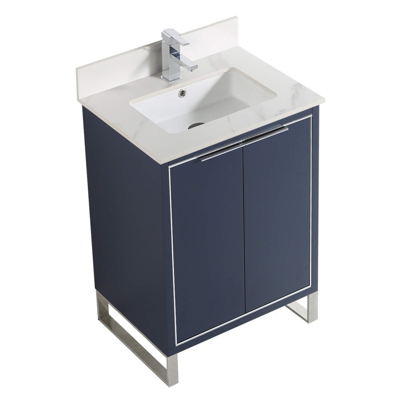 Minday 24'' Single Bathroom Vanity with Stone Top, Chrome, Navy Blue
