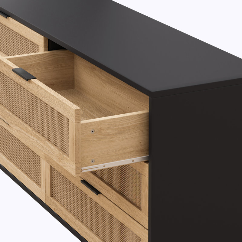 Rattan Wood Console Table With Drawer Storage, Black/Natural, 29.53" H x 51.18" W x 15.75" D