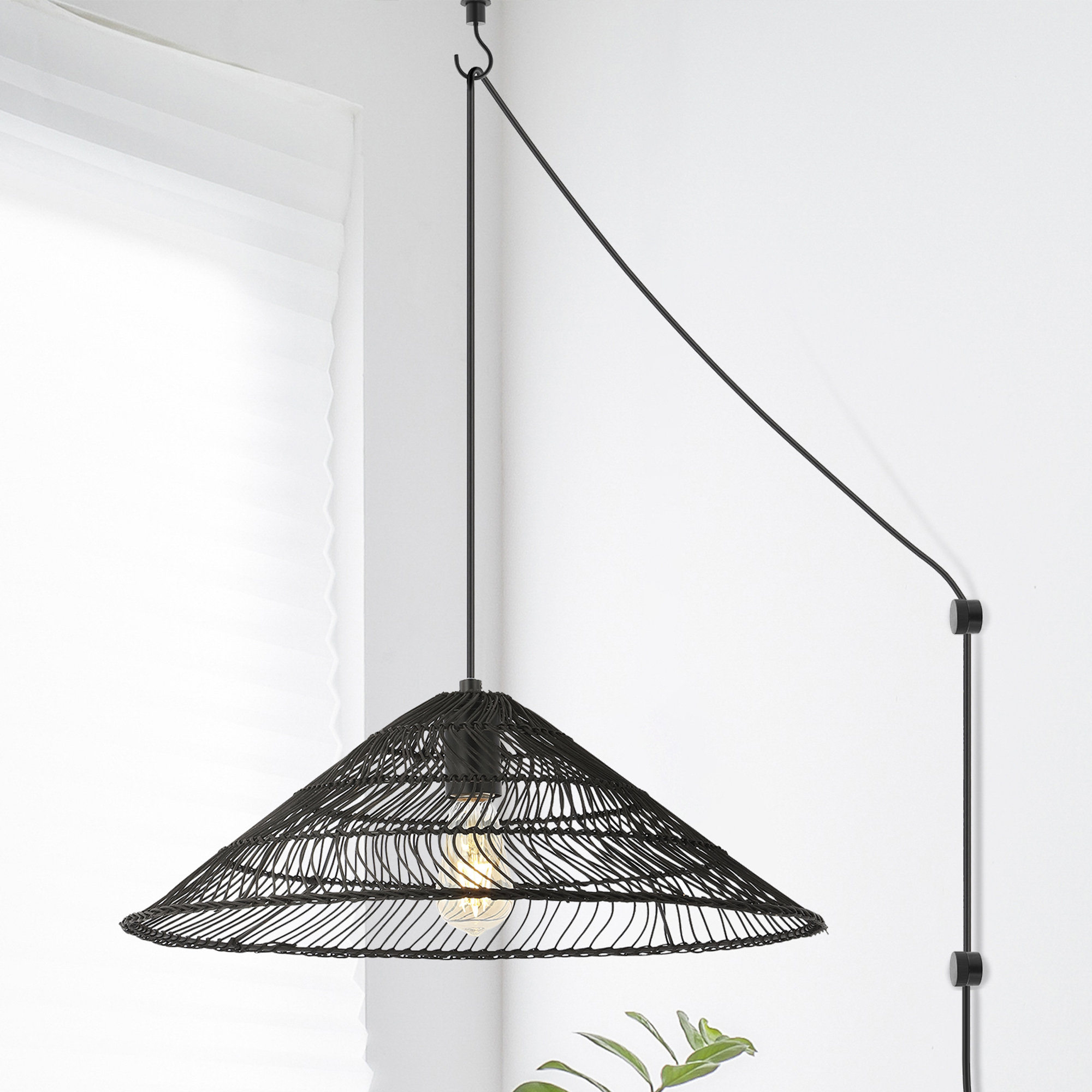 Aisma Single Light Rattan Iron Dimmable Pendant, Black, Black