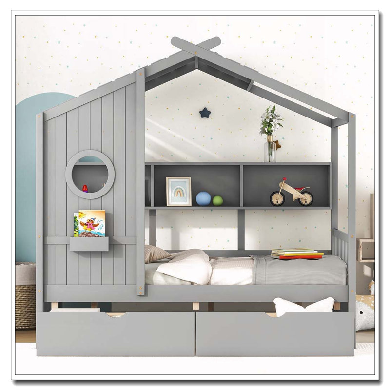 Lit double en bois avec 2 tiroirs, Gris
