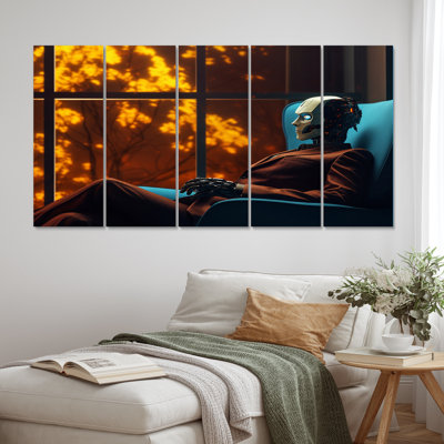 Stylish Humanoid Android Sitting On Couch V - Robot Canvas Print - 5 Equal Panels