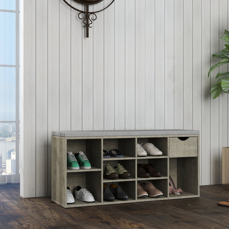 Banc de rangement, banc à chaussures, banc d'entrée avec coussin rembourré, tiroir et compartiments ouverts, banc avec rangement, banc à chaussures à 3 niveaux