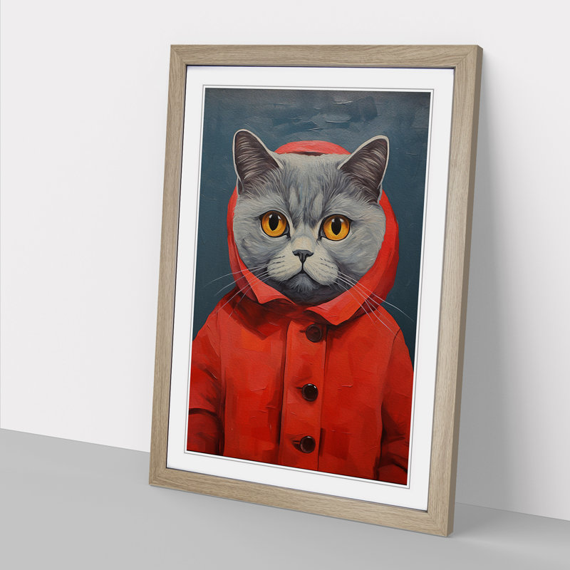 Cat Modern No.2 - Single Picture Frame Print on Wood, Oak Framed, 34cm H x 25cm W x 2cm D