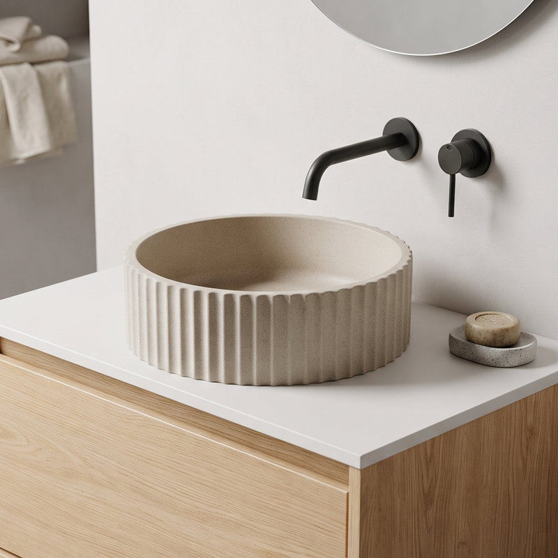 Vasque ronde à poser Lumi de 14 po en microciment beige ciment