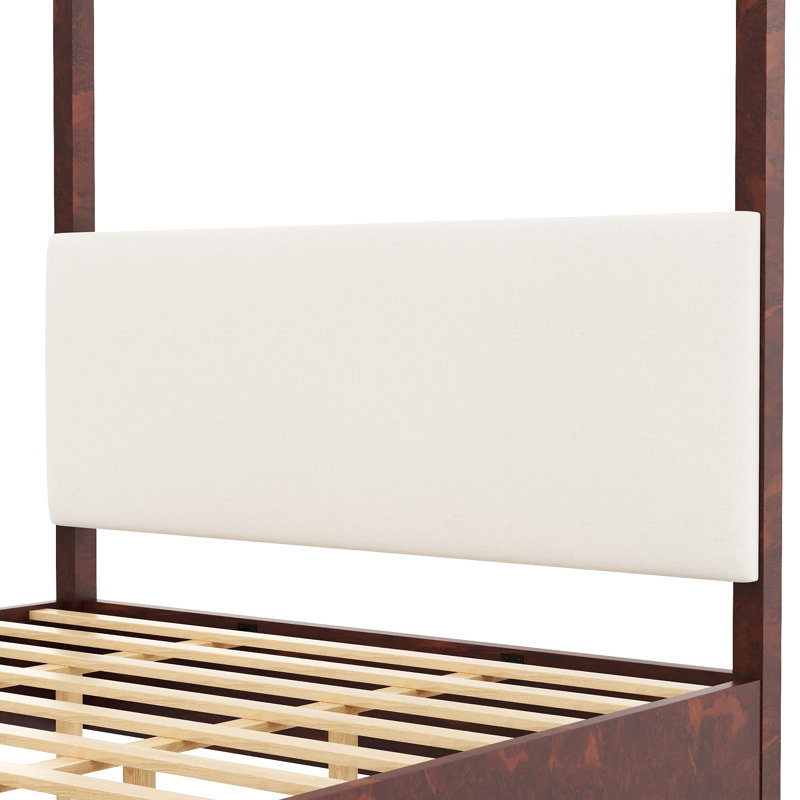 Lit plateforme à baldaquin avec tête de lit tapissier et structure en bois Sophia, Espresso, King