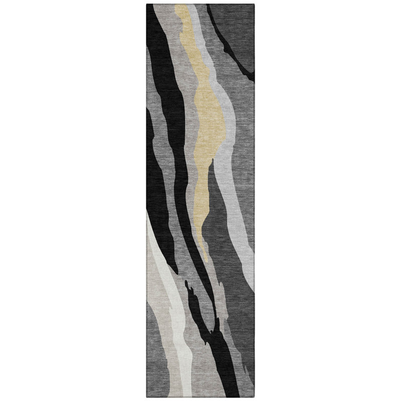 Petala Black Washable Indoor-Outdoor Rug - , 2'3" x 7'6"