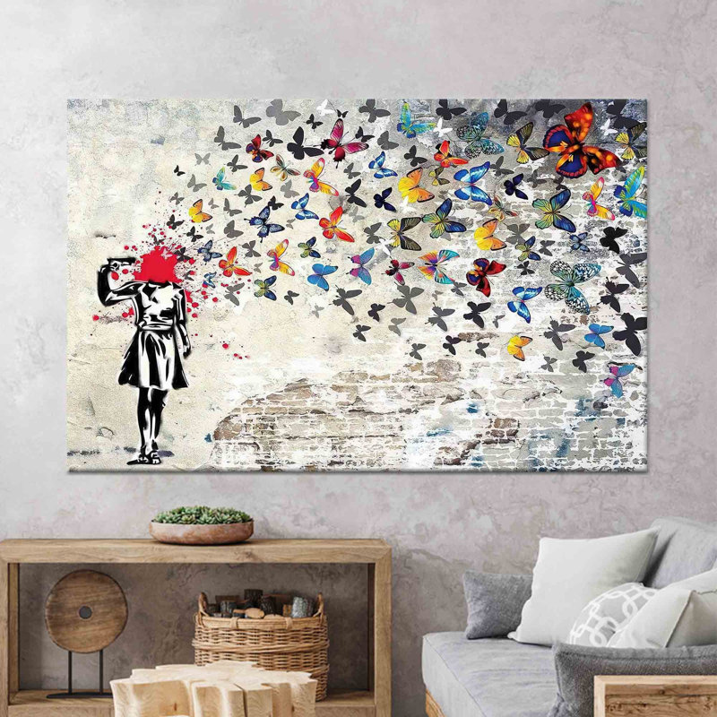 Reproduction d'art sur toile imprimée: Fille de Banksy avec papillons - option verre trempé, toile noire encadrée 1P