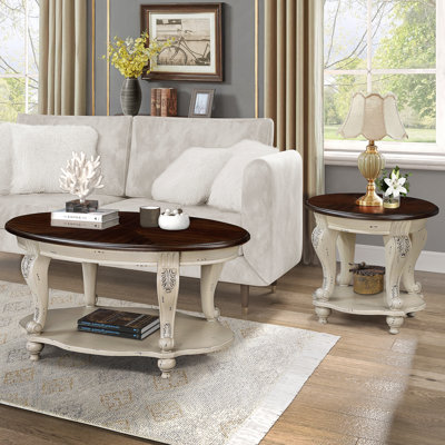 42'' Oval Wood Coffee Table For Living Room, 2-Tier Solid Wood Cocktail Table
