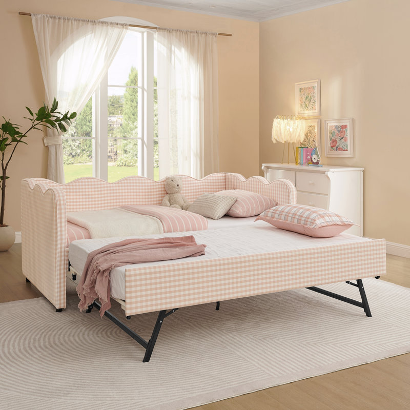 Daybed with Trundle Twin Size Sofa Bed No Box Spring Needed, with USB Port and Adorable Wave Shaped, Linen Fabric, Pink