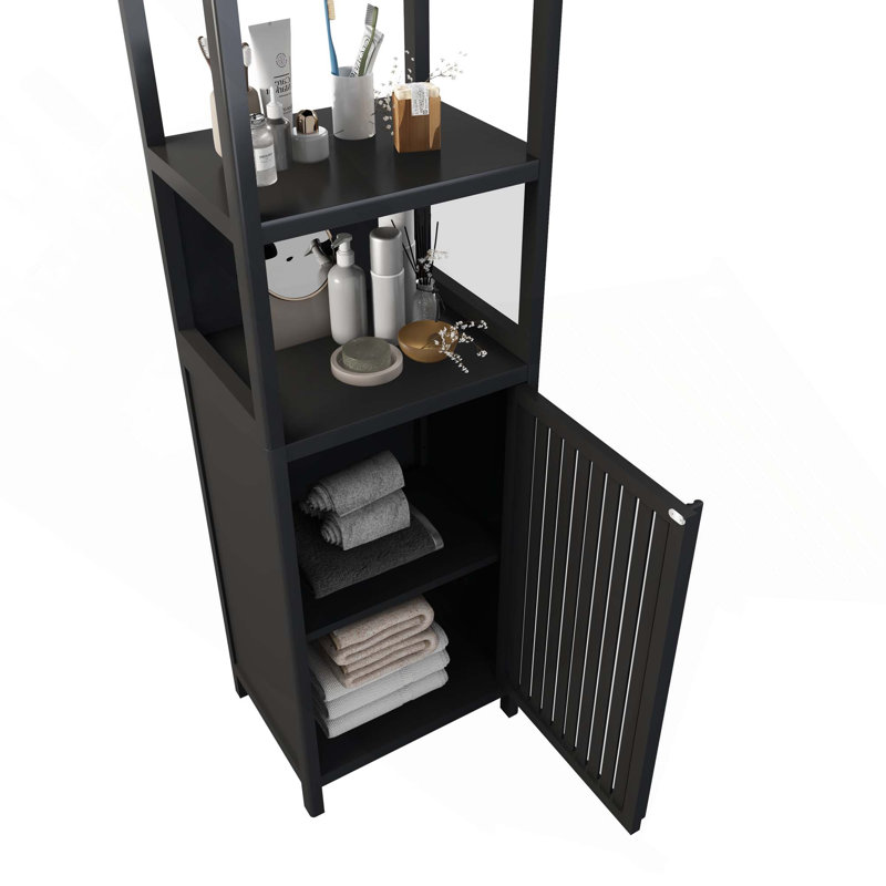 Tall Slim Freestanding Linen Tower Storage Cabinet With Shutter Door & 3 Tier Shelves For Living Room, Kitchen, Bathroom Organizer