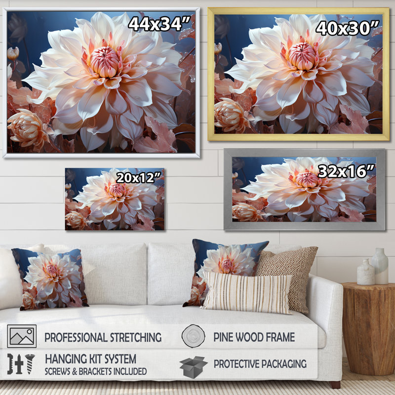 Rêves de dahlia rose en fleurs, L 32 po x H 16 po x P 1 po, Cadre simple blanc