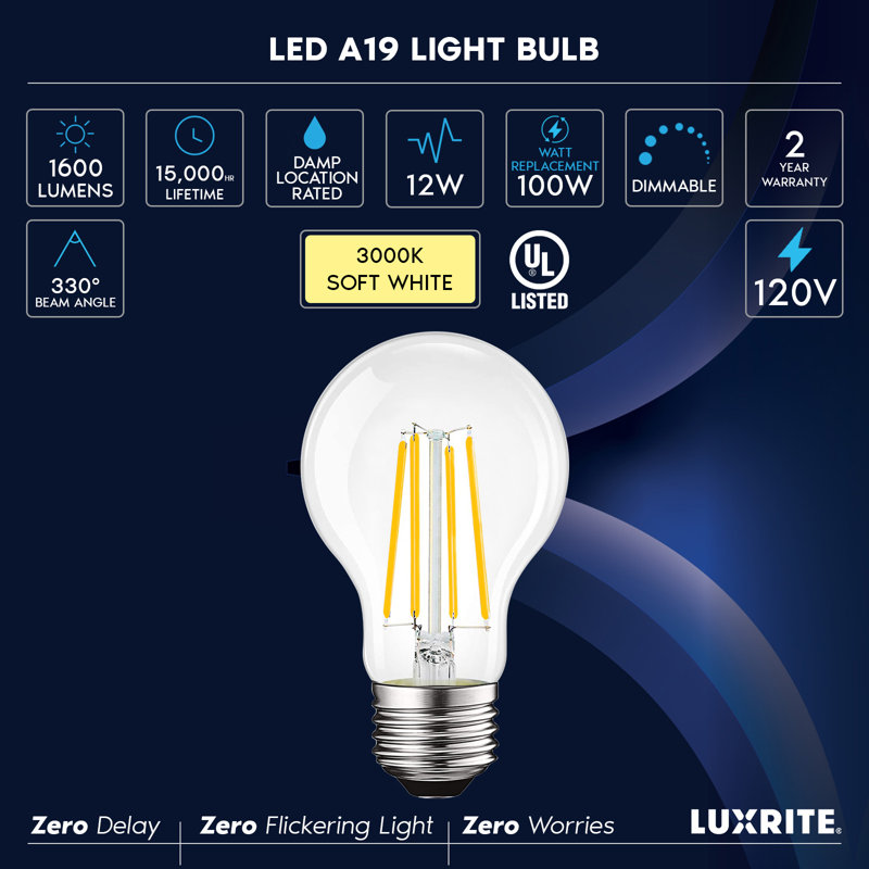 12 watts, ampoule DEL intelligente A19, à intensité variable, base blanche réglable, 3000