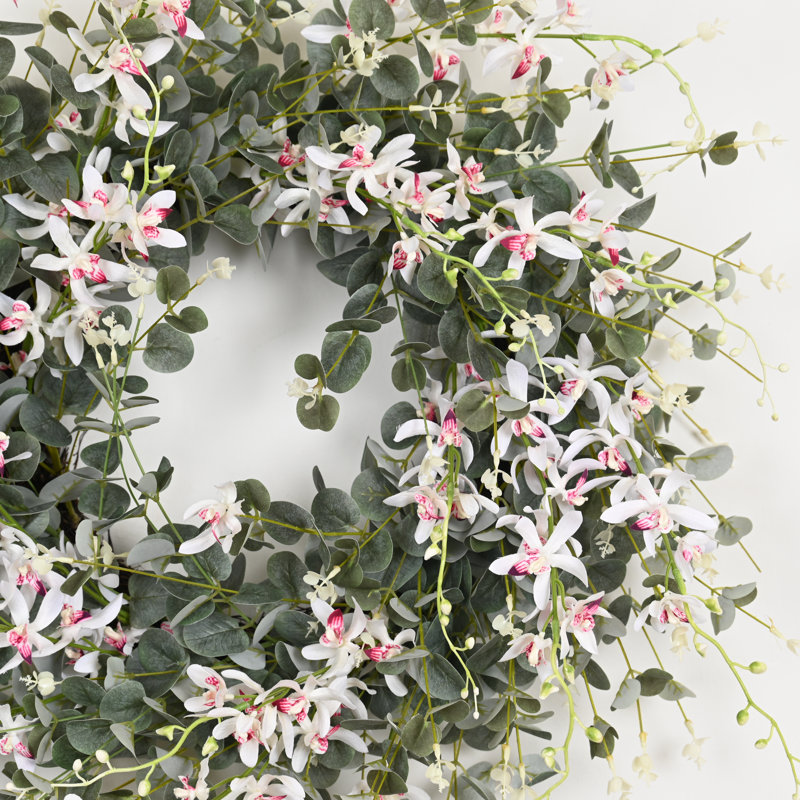 Couronne de porte artificielle 28 po, Blanc / Rose
