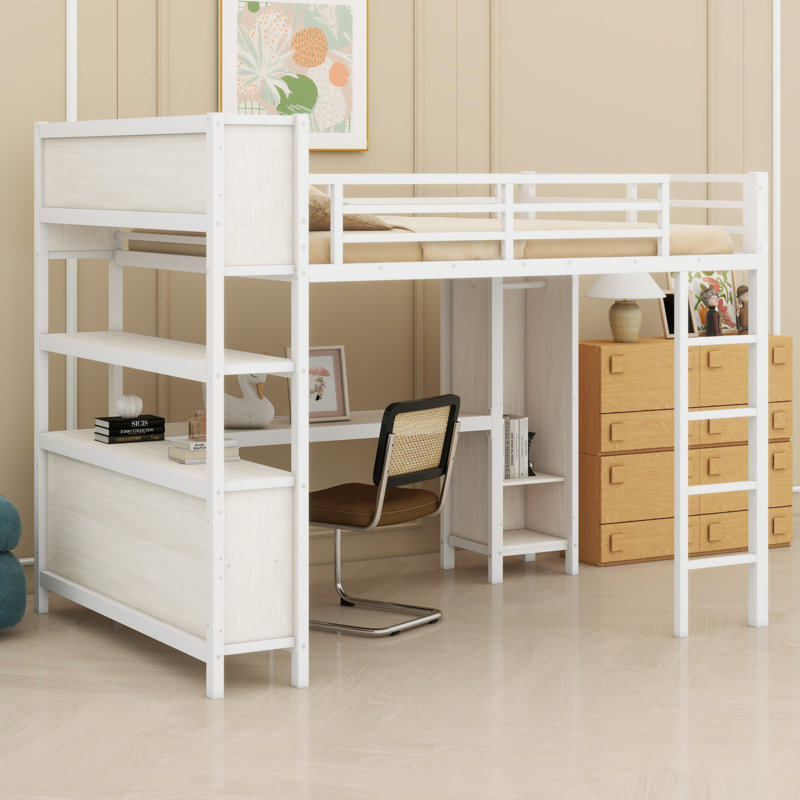 Lit mezzanine fonctionnel en métal avec garde-robe intégré, bureau en L et grandes tablettes de rangement, Blanc