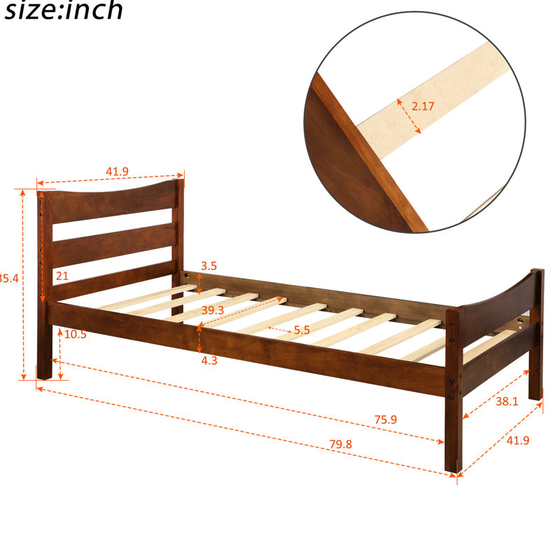Lit plateforme simple avec tête de lit en noyer, lattes de bois de noyer à lattes fiables et base résiliente