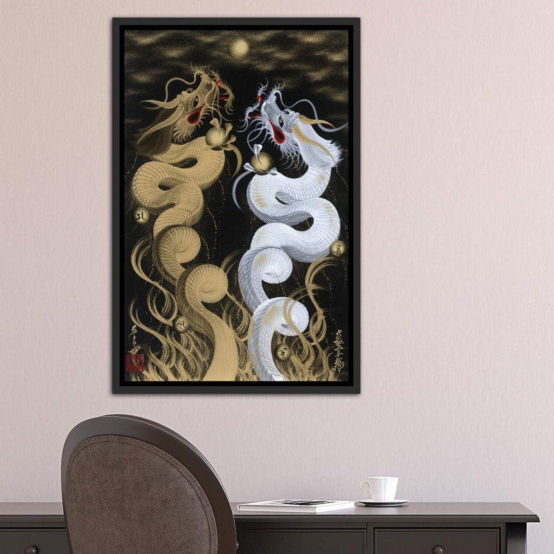 «Flying Twin Dragons» - reproduction, Toile avec cadre noir patiné, H 40 po x l 26 po x P 1,5 po