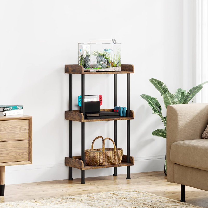 3 layers wooden bookcase industrial small bookshelf, Rustic Brown