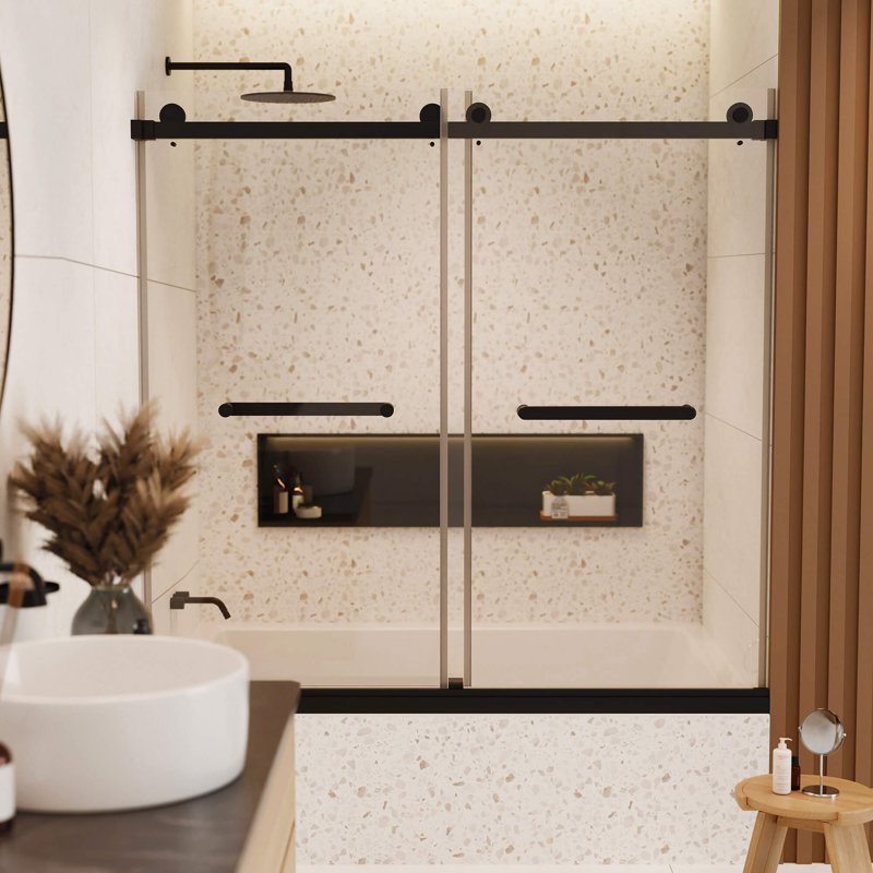 Fine Fixtures 60" Frameless Adjustable Double Sliding Tub Door – Black Hardware, Black