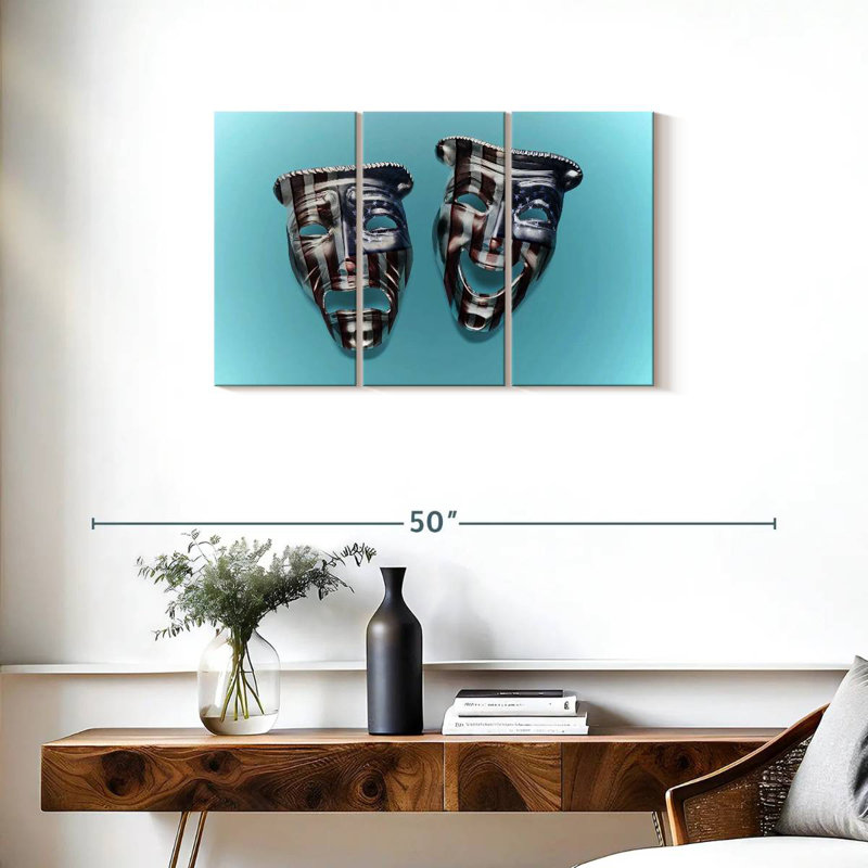 Tragédie américaine et masques comiques, H 20 po x l 33 po