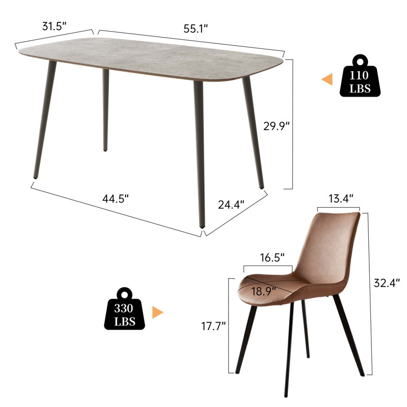 Table de salle à manger de 55 po avec 4 chaises rembourrées, Brun, Gris