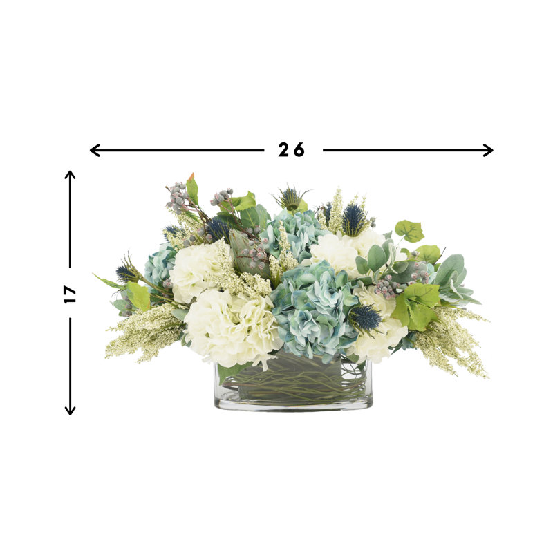 Mixed Floral Arrangement with Hydrangeas, Thistle and Protea, 19" H x 25" W x 17" D