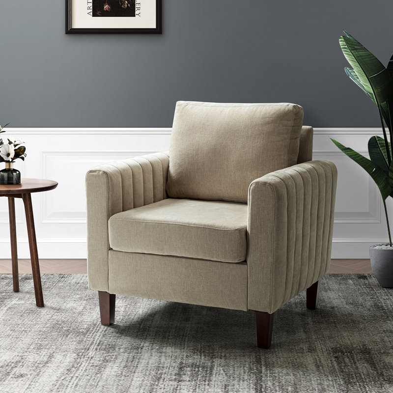 Fauteuil club Ardarius avec pieds en bois, Polyester brun clair